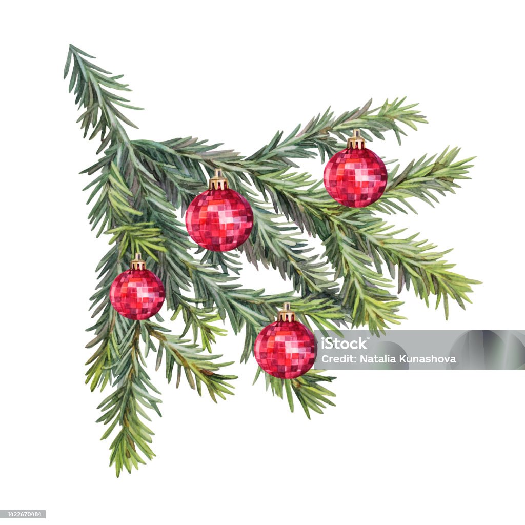 Vetores de Ramo De Árvore De Natal Verde Aquarela Com Bolas Vermelhas  Isoladas Em Fundo Branco Objeto De Celebração Para Adesivo Ou Cartão  Clipart Desenhado À Mão Realista Para Convite De Ano