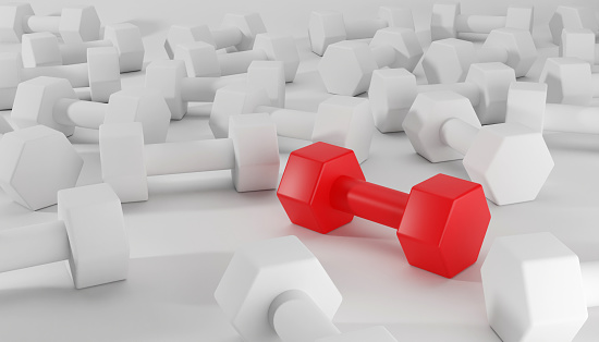 3d render illustration of Red dumbbell standing out among the other white dumbbell. Leadership, dissenting opinion, divergent views and different concepts.