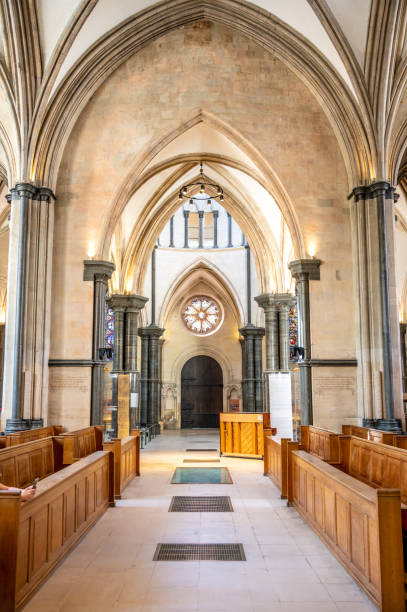 London, UK - August 20, 2022: Impressive Temple Church in the City of London. Temple Church was built by Templars in the 12th century and is a popular destination.