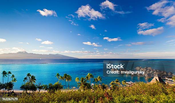 High Angle Shot Of Over Water Bungalows At Moorea Stock Photo - Download Image Now - Beach, Blue, Bungalow