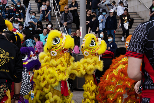 Sydney, Australia, September 10, 2022-Artists performing  Lion dance at the Lunar NewYear, Chatswood, NSW