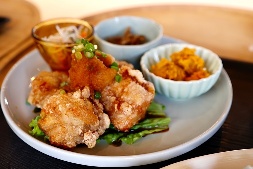 A traditional Japanese dish of deep-fried chicken. Karaage.