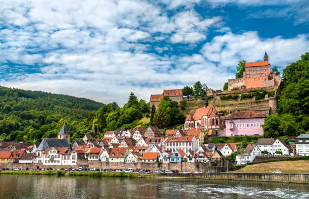 Hirschhorn town and castle on the Neckar river in Odenwald - Hesse, Germany