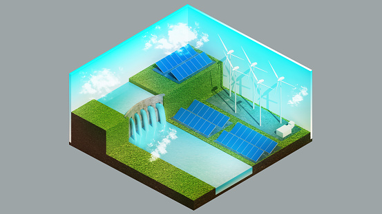 Isometric view of a hydroelectric dam,windmill ,solar cell ,Future alternative energy sources Solar energy, biomass, and wind power.,3d rendering