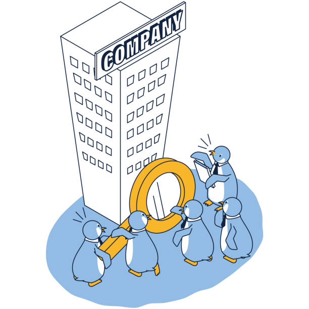ilustracja izometryczna pingwina oceniającego wartość firmy - magnifying glass scrutiny challenge exploration stock illustrations