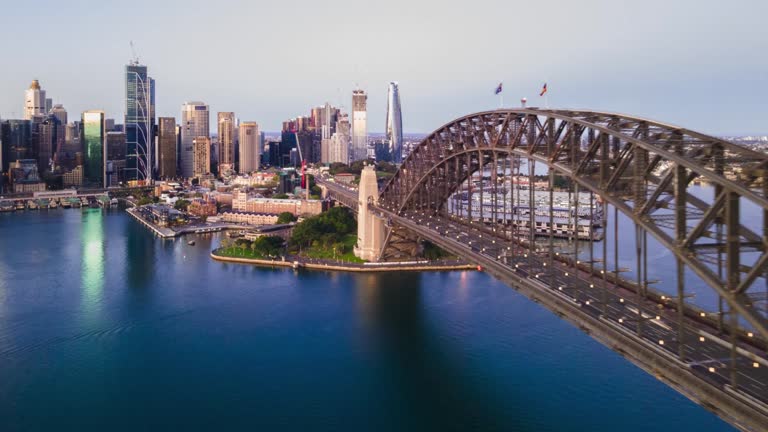 Aerial drone pullback reverse timelapse of Sydney City and Sydney Harbour Bridge in the early morning from dawn to sunrise