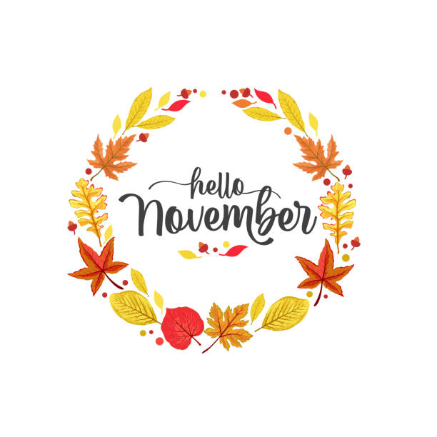illustrations, cliparts, dessins animés et icônes de bonjour novembre lettrage manuscrit avec vecteur feuilles d’automne - november