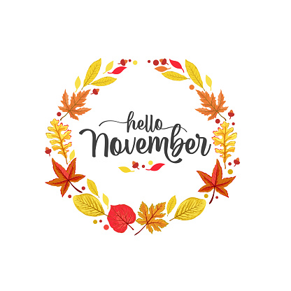 Hello November handwritten lettering vector text in wreath with autumn leaves