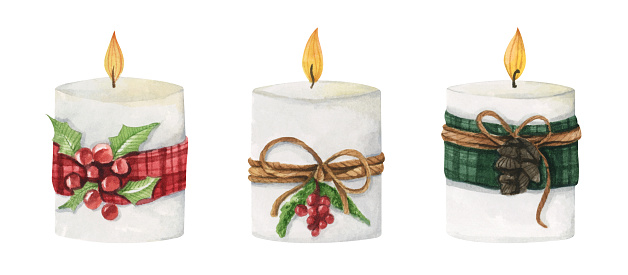 Lighting Christmas candle. Isolated on white background. Watercolor illustration.
