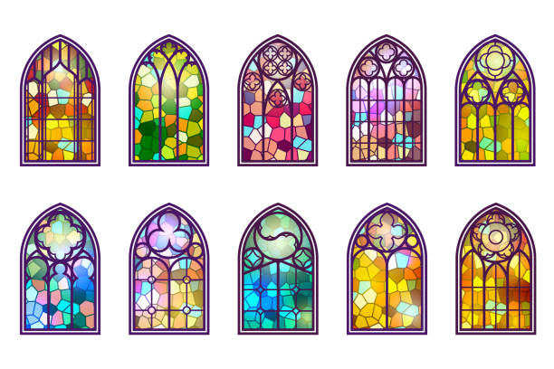 ilustraciones, imágenes clip art, dibujos animados e iconos de stock de conjunto de ventanas góticas. marcos de iglesia de vidrieras vintage. elemento de la arquitectura tradicional europea. vector - stained glass church window glass