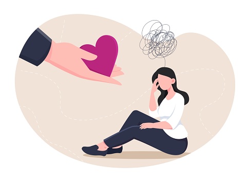 Psychological support concept. Large hand holds out heart to young girl. Mental health and psychology. Depression and frustration, disorder. Poster or banner. Cartoon flat vector illustration