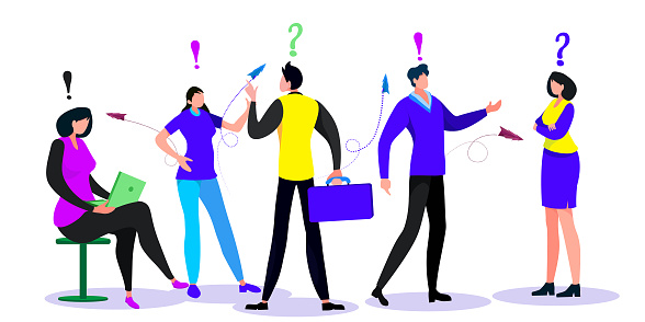 People Searching and Giving Information. Tiny Male and Female Characters around Huge Exclamation and Question Marks. Students Promoters and Businesspeople Communicate. Cartoon Flat Vector Illustration