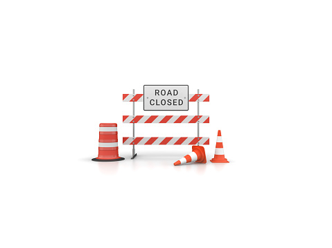 3d Render Road Closed Sign With Cones on White Background