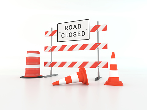 3d Render Road Closed Sign With Cones on White Background