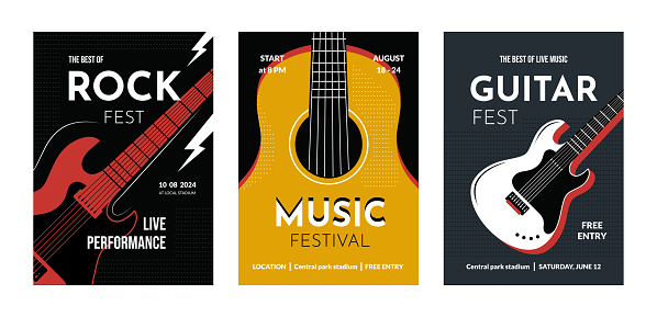 Acoustic guitar music posters. Banners for rock concert, indie band and jazz event on country festival, vintage vertical banners. Promotional flyers collection. Vector cartoon flat style illustration