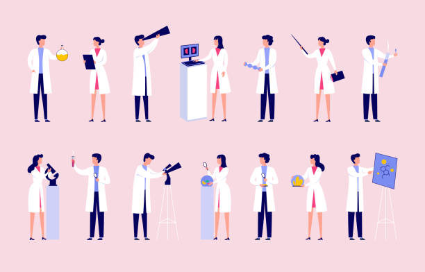 ilustrações, clipart, desenhos animados e ícones de cientistas de laboratório de casacos. pessoas em laboratório de ciências. biólogo e médico com equipamento científico. personagens de mulheres e homens. químicos segurando tubos de ensaio. conjunto de ilustração vetorial - professor scientist chemistry teacher