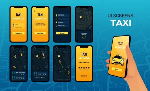 ナビゲーターマップアプリケーション。タクシーサービスのためのuiモバイルアプリ。電話画面デザインセット。車のルートと場所のピン アイコン。トラフィックのオンラインインターフェ� - location services点のイラスト素材／クリップアート素材／マンガ素材／アイコン素材