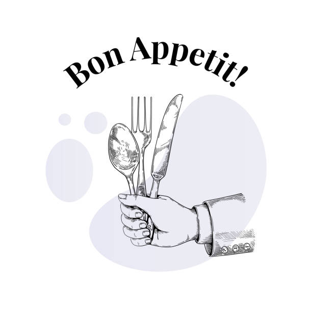 hand mit vintage-besteck. gabel und messer im arm. der mann isst zu abend oder zu mittag mit dem löffel. kochkonzept für die küche. kellnerservice. guten appetit. silberbesteckskizze. vektor-illustration - tischmanieren stock-grafiken, -clipart, -cartoons und -symbole
