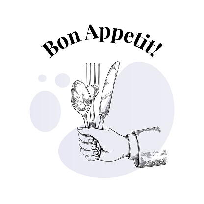 Hand with vintage cutlery. Fork and knife in male arm. Man eat dinner or lunch by spoon. Cooking food concept for kitchen. Waiter service. Bon appetite. Silverware sketch. Vector catering illustration