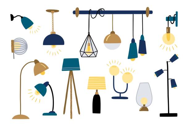 ilustrações de stock, clip art, desenhos animados e ícones de ceiling light. 3d home interior with chandeliers and pendants. modern decor and vintage room furniture. glowing bulbs with lampshades. indoor illumination. vector isolated lamps set - lamp
