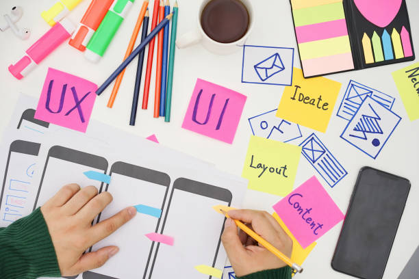 istock Creative designers designing wireframe sketch layout design mockup on smartphone or tablet screen. User experience concept. 1422702368