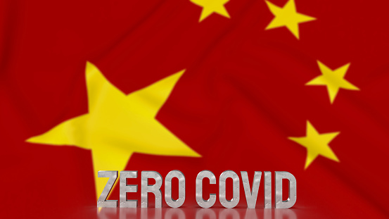 zero covid text on china flag 3d rendering