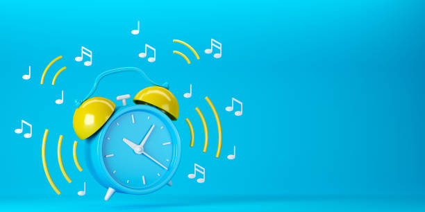 Blue and yellow retro ringing alarm clock with sound waves on blue background