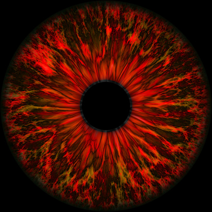 Illustration of a red human iris texture. Digital artwork creative graphic design.