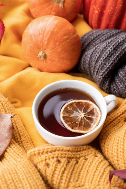 istock Cozy autumn composition, sweater weather. Pumpkins, hot tea and sweaters on window 1422707480