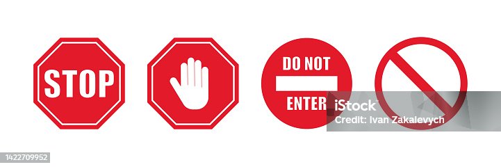 istock Stop red sign icon set. with white hand, do not enter, warning stop sign symbol. Sign road signal vector. 1422709952