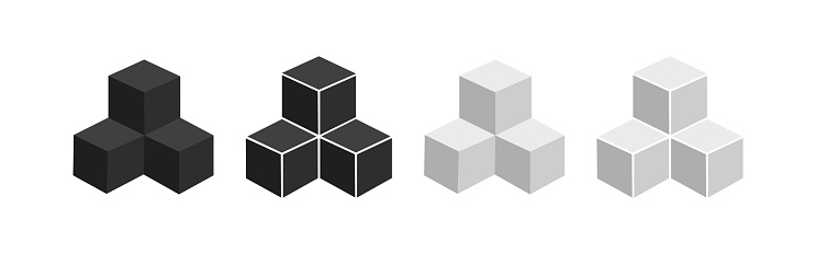 3d 3 cube icon set. Three white and black shape illustration symbol. Sign box vector.