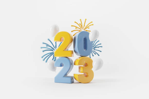 2023 3d text New Year with fireworks and balloons on white background, 3d render. stock photo