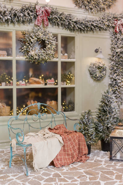 istock Metal bench near Christmas bakery showcase 1422711606