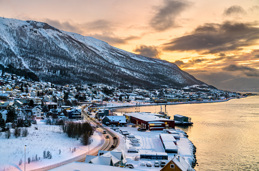 Sunset above the fjord in winter in Tromso, Norway