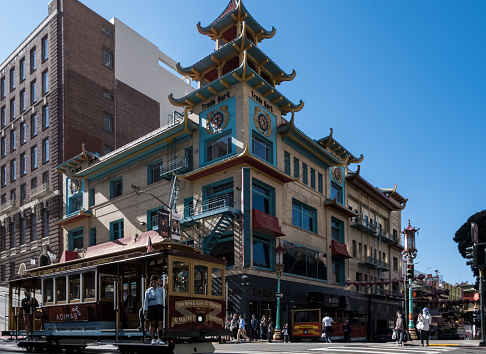 San Francisco, California – August 2022 – Architectural detail of the Chinatown centered on Grant Avenue and Stockton Street, the oldest Chinatown in North America