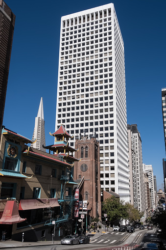 San Francisco, California – August 2022 – Architectural detail of the Chinatown centered on Grant Avenue and Stockton Street, the oldest Chinatown in North America