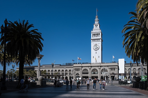 San Francisco, California – August 2022 – Architectural detail of the Embarcadero  Ferry Building located in the Union Square-Financial District.