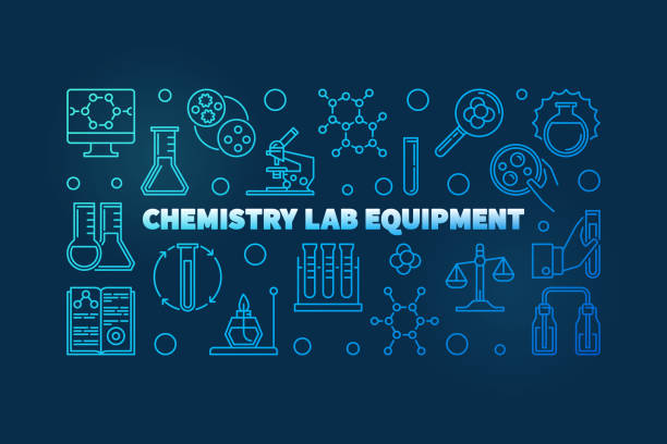 chemistry lab equipment blauer umriss vektor banner - reagenzgläser bunt stock-grafiken, -clipart, -cartoons und -symbole