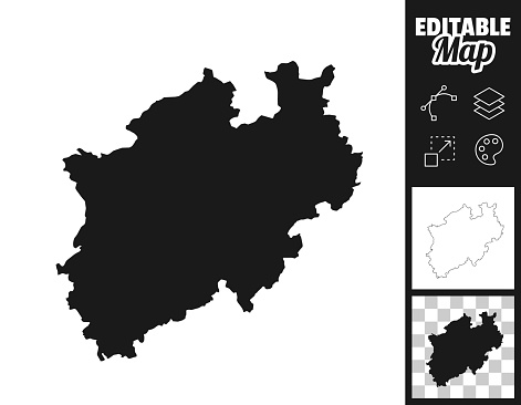 Map of North Rhine-Westphalia for your own design. Three maps with editable stroke included in the bundle: - One black map on a white background. - One line map with only a thin black outline in a line art style (you can adjust the stroke weight as you want). - One map on a blank transparent background (for change background or texture). The layers are named to facilitate your customization. Vector Illustration (EPS file, well layered and grouped). Easy to edit, manipulate, resize or colorize. Vector and Jpeg file of different sizes.