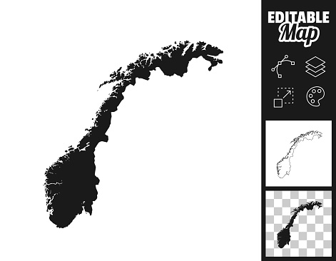 Map of Norway for your own design. Three maps with editable stroke included in the bundle: - One black map on a white background. - One line map with only a thin black outline in a line art style (you can adjust the stroke weight as you want). - One map on a blank transparent background (for change background or texture). The layers are named to facilitate your customization. Vector Illustration (EPS file, well layered and grouped). Easy to edit, manipulate, resize or colorize. Vector and Jpeg file of different sizes.