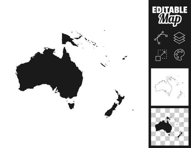 Oceania maps for design. Easily editable Map of Oceania for your own design. Three maps with editable stroke included in the bundle: - One black map on a white background. - One line map with only a thin black outline in a line art style (you can adjust the stroke weight as you want). - One map on a blank transparent background (for change background or texture). The layers are named to facilitate your customization. Vector Illustration (EPS file, well layered and grouped). Easy to edit, manipulate, resize or colorize. Vector and Jpeg file of different sizes. oceania stock illustrations