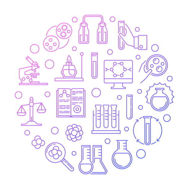 ilustraciones, imágenes clip art, dibujos animados e iconos de stock de laboratorio de química equipo vector colorido ilustración redonda - chemistry white petri dish design