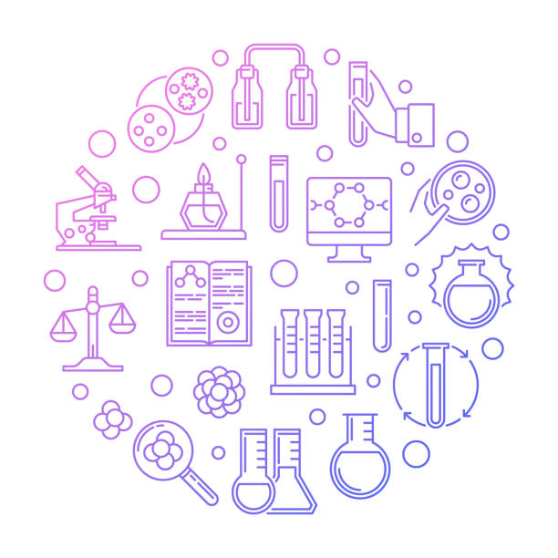 ilustrações, clipart, desenhos animados e ícones de química laboratório equipamento vetor colorido ilustração redonda - chemistry white petri dish design