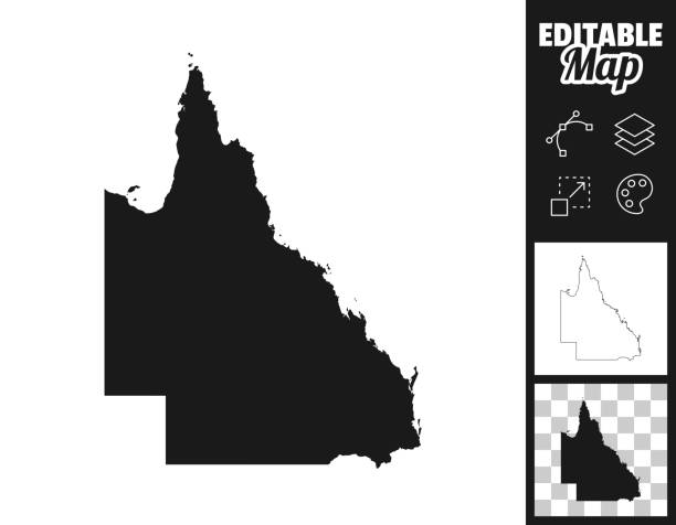 Queensland maps for design. Easily editable Map of Queensland for your own design. Three maps with editable stroke included in the bundle: - One black map on a white background. - One line map with only a thin black outline in a line art style (you can adjust the stroke weight as you want). - One map on a blank transparent background (for change background or texture). The layers are named to facilitate your customization. Vector Illustration (EPS file, well layered and grouped). Easy to edit, manipulate, resize or colorize. Vector and Jpeg file of different sizes. queensland stock illustrations