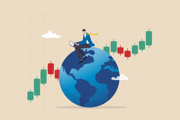 Global stock market, world or international investment, financial analysis or earning growth, stock trading concept, smart businessman investor trading on laptop on the globe with financial graph. vector art illustration