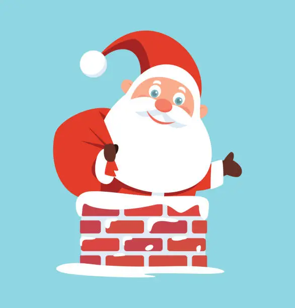 Vector illustration of Cute Santa claus with sack of gift box is tring to get in chimney