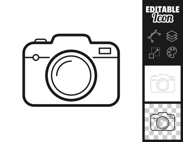 Camera. Icon for design. Easily editable Icon of "Camera" for your own design. Three icons with editable stroke included in the bundle: - One black icon on a white background. - One line icon with only a thin black outline in a line art style (you can adjust the stroke weight as you want). - One icon on a blank transparent background (for change background or texture). The layers are named to facilitate your customization. Vector Illustration (EPS file, well layered and grouped). Easy to edit, manipulate, resize or colorize. Vector and Jpeg file of different sizes. camera stock illustrations