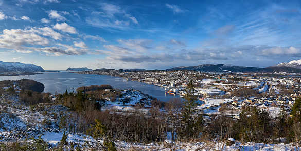Panoramic view over the greater Ålesund area during winter