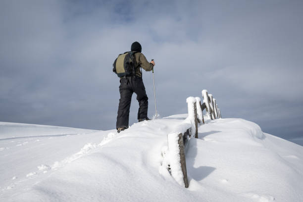 A man walking on the fresh snow, moody sky overhead.