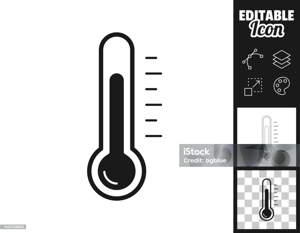 Thermometer. Icon for design. Easily editable Icon of "Thermometer" for your own design. Three icons with editable stroke included in the bundle: - One black icon on a white background. - One line icon with only a thin black outline in a line art style (you can adjust the stroke weight as you want). - One icon on a blank transparent background (for change background or texture). The layers are named to facilitate your customization. Vector Illustration (EPS file, well layered and grouped). Easy to edit, manipulate, resize or colorize. Vector and Jpeg file of different sizes. Thermometer stock vector Thermometer. Icon for design. Easily editable Icon of "Thermometer" for your own design. Three icons with editable stroke included in the bundle: - One black icon on a white background. - One line icon with only a thin black outline in a line art style (you can adjust the stroke weight as you want). - One icon on a blank transparent background (for change background or texture). The layers are named to facilitate your customization. Vector Illustration (EPS file, well layered and grouped). Easy to edit, manipulate, resize or colorize. Vector and Jpeg file of different sizes. Thermometer stock vector